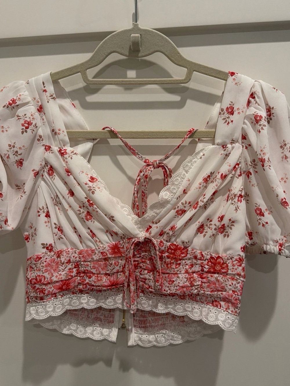 Altar'd State White Crop Top with Red Floral Lace Trim